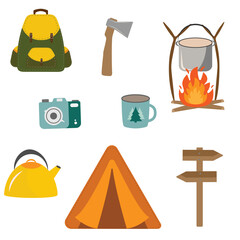 Beautiful cartoon icon with green camping on light background for banner design. Cartoon illustration. Summer vacation concept.