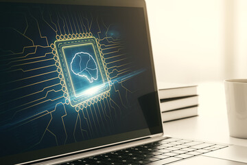 Modern computer monitor with creative artificial Intelligence symbol. Neural networks and machine learning concept. 3D Rendering