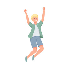 Happy Man Character Jumping with Raised Hands Vector Illustration