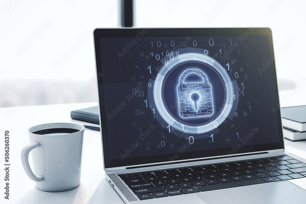 Aufkleber Creative lock sketch with chip hologram on modern computer monitor, protection of personal data concept. 3D Rendering