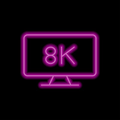 8K, TV simple icon vector. Flat design. Purple neon style on black background.ai