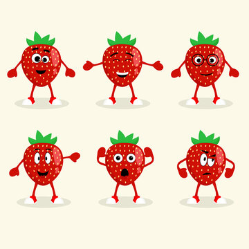 Cartoon strawberry set with different emotions.