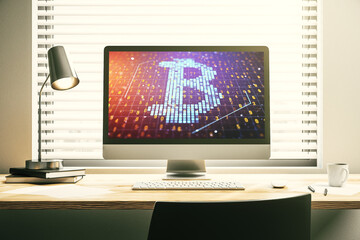 Creative Bitcoin concept on modern laptop screen. 3D Rendering