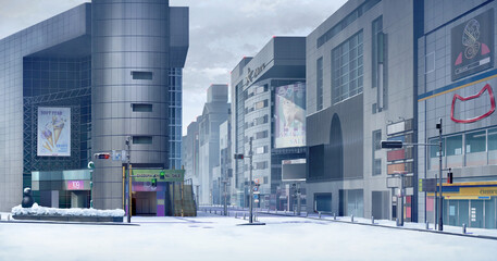 Shibuya the shopping center in the Frozen Winter., 2D Anime background, Illustration.