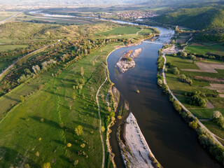 Aerial Sunset view of Struma river, Bulgaria