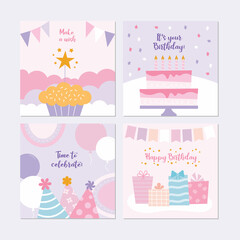 Birthday beautiful posters, cake, balloons, party