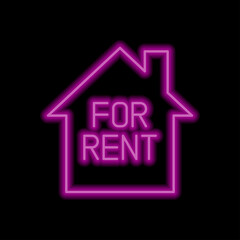 For rent, house simple icon vector. Flat design. Purple neon style on black background.ai