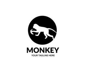 Monkey silhouet, cute monkey logo in a circle logo design. Wildlife vector design and illustration.