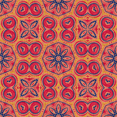 Indian boho summer bandana seamless symmetrical pattern. Versatile masculine red blue scarf print in kaleidoscopic floral ornamental style.