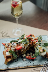 waffles with fruit and ice cream