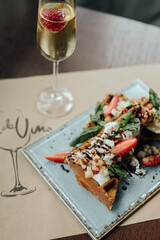 waffles with fruit and ice cream