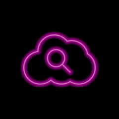 Magnifier, cloud simple icon vector. Flat design. Purple neon style on black background.ai
