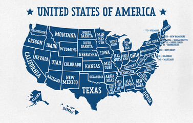 Blue map of United States of America with borders of the states and names. Vector design.