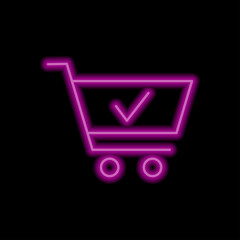 Shopping cart, confirm simple icon vector. Flat design. Purple neon style on black background.ai