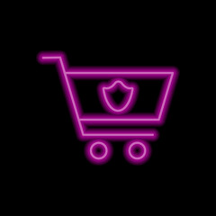 Shopping cart, protection simple icon vector. Flat design. Purple neon style on black background.ai
