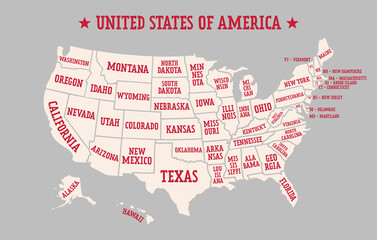 Light orange map of United States of America with borders of the states and red names. Vector design.