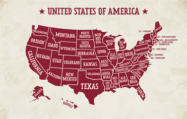 Red map of United States of America with borders of the states and names. Vector design.