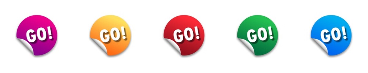 Sticker with GO! Set of colored stickerrs with text on it. Flat vector illustration.