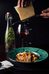 pasta with seafood on a black background