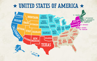 Multicolored 7 regions map of United States of America with borders of the states and names. Vector design.