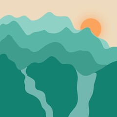 Minimalist landscape with mountains and deer. Noble animals, nature and beauty. Chic view of mountains and nature.