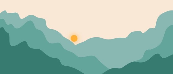 Minimalist landscape with mountains and deer. Noble animals, nature and beauty. Chic view of mountains and nature.