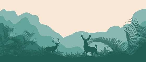 Minimalist landscape with mountains and deer. Noble animals, nature and beauty. Chic view of mountains and nature.