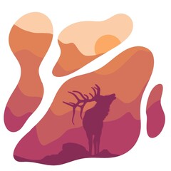 Minimalist landscape with mountains and deer. Noble animals, nature and beauty. Chic view of mountains and nature.