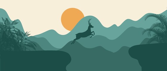 Minimalist landscape with mountains and deer. Noble animals, nature and beauty. Chic view of mountains and nature.