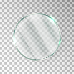 Glass circle window texture. Gloss screen effect. Plastic plate mockup. Mirror panel. Digital frame. Clear button. Glossy tag and badge. Shiny framework. Light rectangle banner. Vector illustration