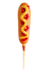 Corn dog with ketchup and mustard toppings isolated on a white background