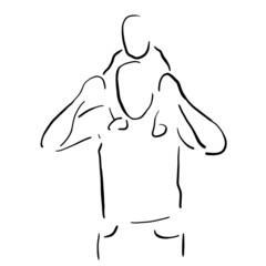 Father and son. Silhouettes of a man and a boy, drawn with separate lines. Black and white drawing