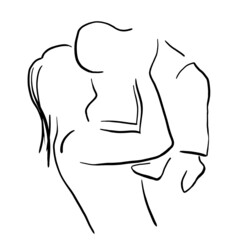 Mother and son. Silhouettes of a woman and a boy, drawn with separate lines. Black and white drawing