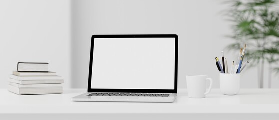 Blank computer laptop screen and various items on desktop workspace in home office room. 3D renering illustration.