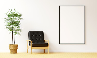 Blank picture frame mockup in the white modern interior living room with wood chair, minimal style. 3D rener illustration.