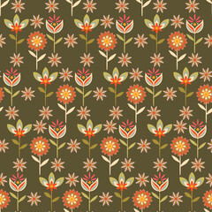 Colorful Geometric Groovy flowers seamless pattern vector illustration, hippie aesthetic floral