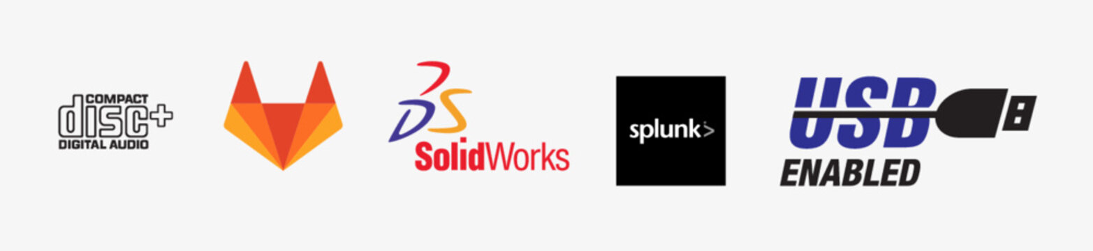 Technology logo bundle: Splunk logo, USB logo, Gitlab logo, CD+ Digital Audio logo, SolidWorks logo, Technology logo vector illustration. Isolated vector logo.