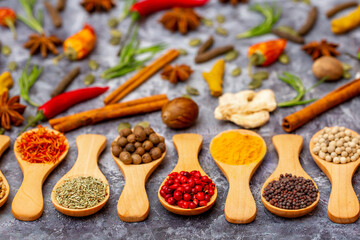 A set of spices on a gray background. Variety of spices from India. Food decoration design. Various spices, peppers and herbs close-up top view. Set of peppers, salt, herbs and spices for cooking.