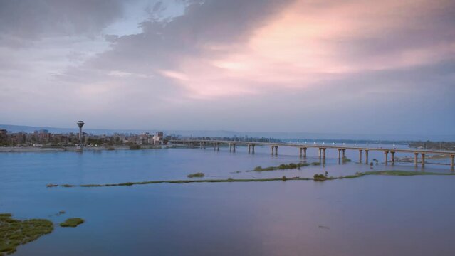 The Nile river Egypt aerial view. Timelapse sunset from Sohag city