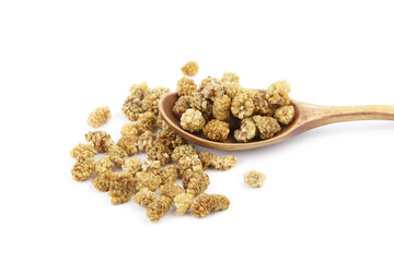 Mulberry dry berries morus alba in wooden spoon isolated on white