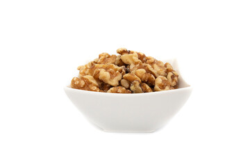 A white bowl with nuts. Isolated on white background. Nuts are available in two forms, shell or...