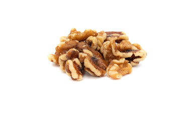 A handful of walnuts. Isolated on white background. Nuts are available in two forms, shell or shelled, and can be whole, halved, or in smaller portions due to processing. All nuts can be eaten plain