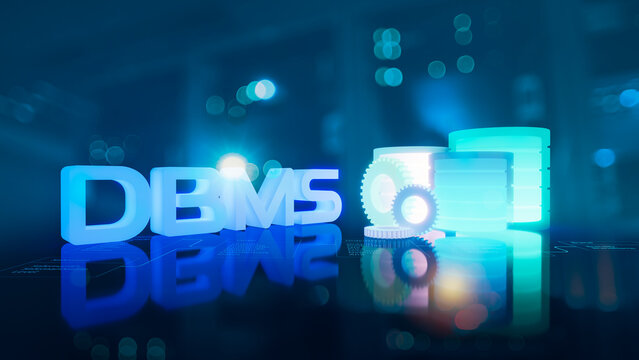 DBMS (database management system) and database icon with server room and datacenter background. 3D Rendering.