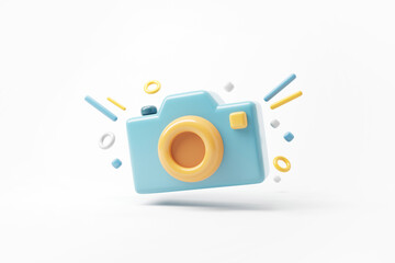 Minimal photo camera with lens and button on pastel background. 3d render