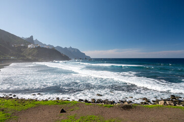 Panoramic view on lava rocks of laya de Almaciga and blue Atlantic ocean, Anaga national park near Tanagana village,  North of Tenerife, Canary islands, Spain