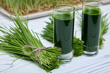 In glass glasses, a vitamin drink of a rich dark green color from wheat microgreens is poured to the brim. Wheatgrass strengthens the immune system helps fight chronic fatigue - obrazy, fototapety, plakaty
