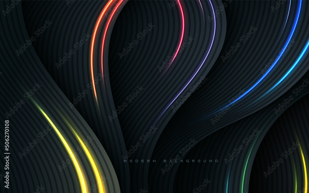 Wall mural black abstract wavy dimension background with colorful light decoration