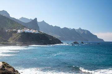 Panoramic view on lava rocks of laya de Almaciga and blue Atlantic ocean, Anaga national park near Tanagana village,  North of Tenerife, Canary islands, Spain