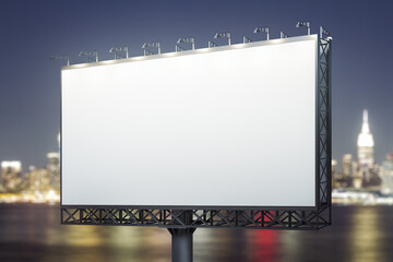 Blank white horizontal billboard on skyline background at evening, perspective view. Mock up, advertising concept