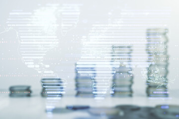 Obraz premium Abstract creative world map interface on stacks of coins background, international trading concept. Multiexposure
